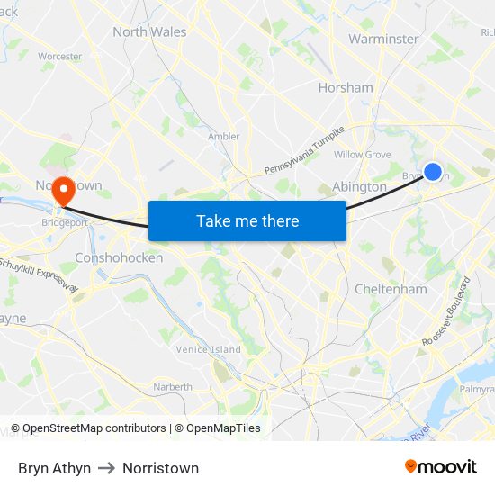 Bryn Athyn to Norristown map