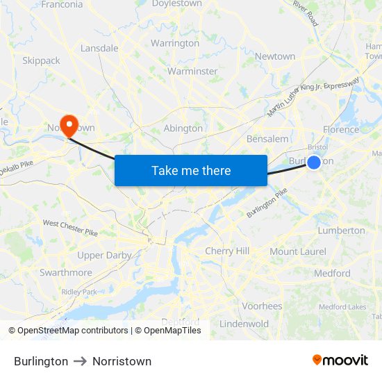Burlington to Norristown map