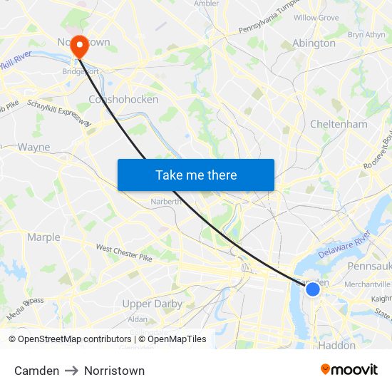 Camden to Norristown map