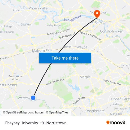 Cheyney University to Norristown map