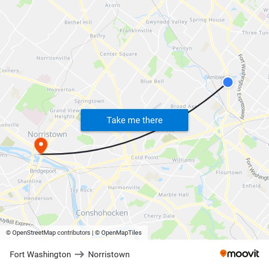 Fort Washington to Norristown map