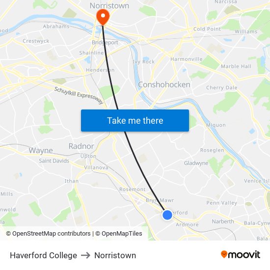 Haverford College to Norristown map