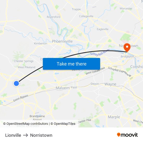 Lionville to Norristown map