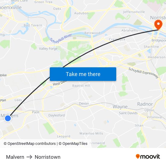 Malvern to Norristown map
