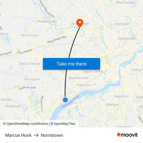 Marcus Hook to Norristown map