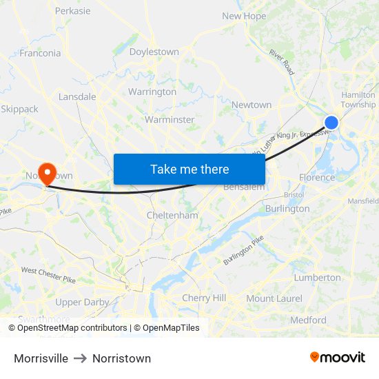 Morrisville to Norristown map