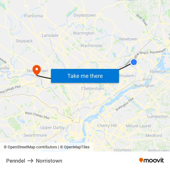 Penndel to Norristown map