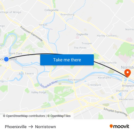 Phoenixville to Norristown map