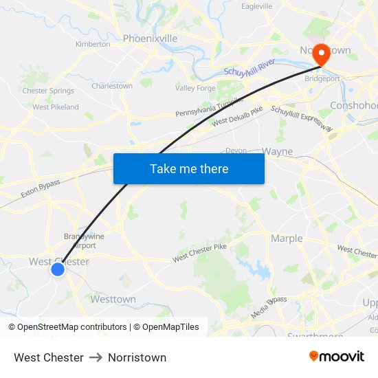 West Chester to Norristown map