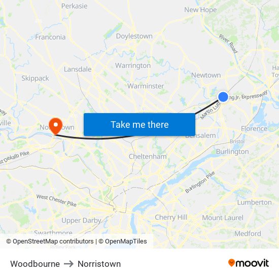 Woodbourne to Norristown map