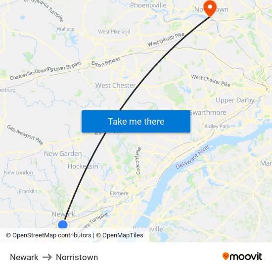 Newark to Norristown map