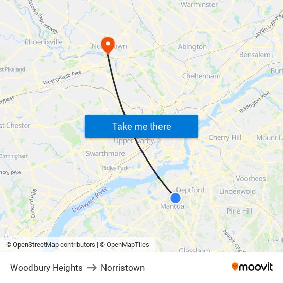 Woodbury Heights to Norristown map