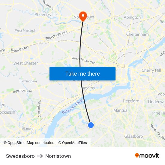 Swedesboro to Norristown map