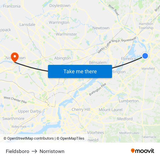 Fieldsboro to Norristown map