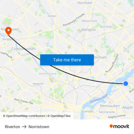 Riverton to Norristown map