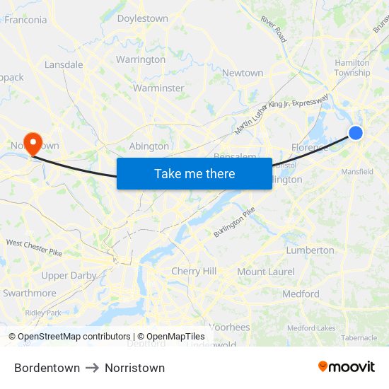 Bordentown to Norristown map