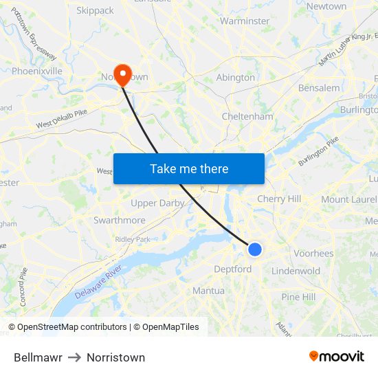 Bellmawr to Norristown map