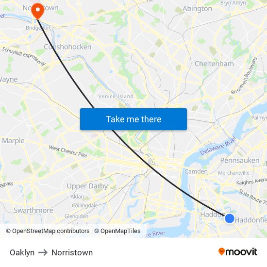Oaklyn to Norristown map