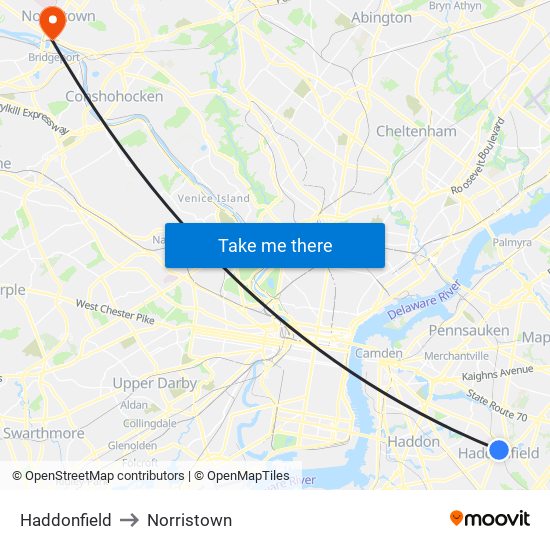 Haddonfield to Norristown map