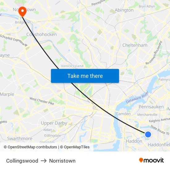 Collingswood to Norristown map