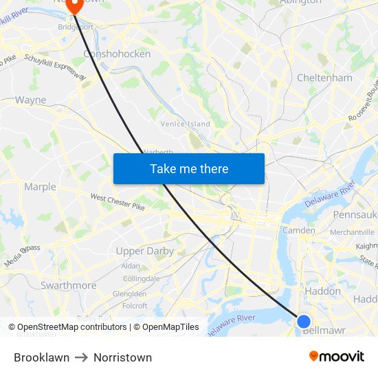 Brooklawn to Norristown map