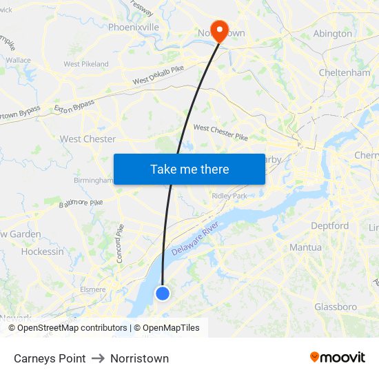 Carneys Point to Norristown map