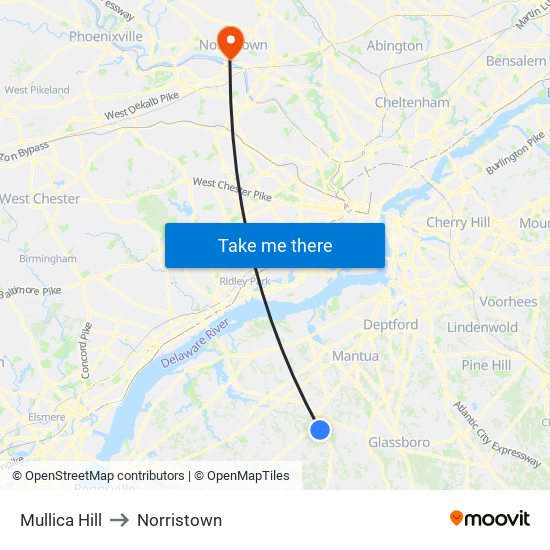 Mullica Hill to Norristown map
