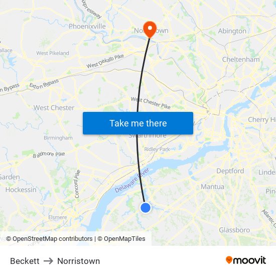 Beckett to Norristown map