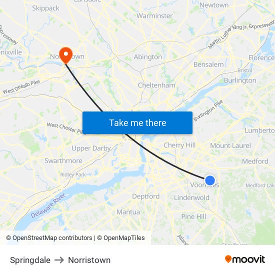 Springdale to Norristown map
