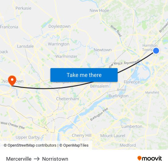 Mercerville to Norristown map