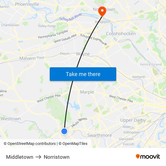 Middletown to Norristown map