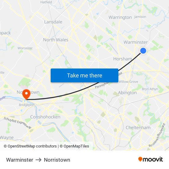 Warminster to Norristown map