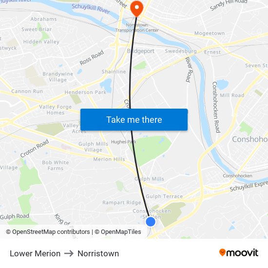 Lower Merion to Norristown map