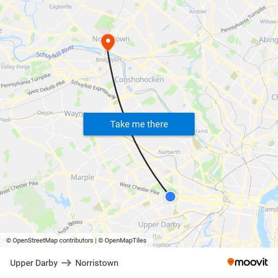 Upper Darby to Norristown map