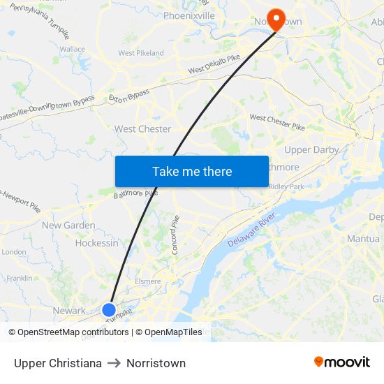 Upper Christiana to Norristown map