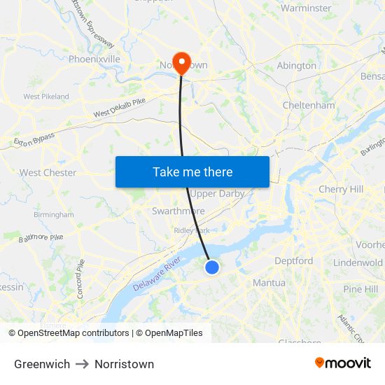 Greenwich to Norristown map