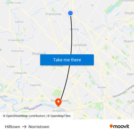 Hilltown to Norristown map