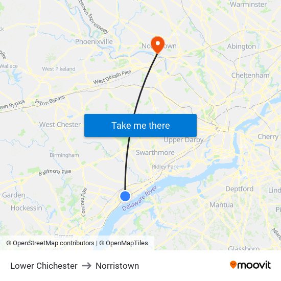 Lower Chichester to Norristown map