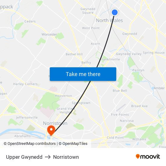 Upper Gwynedd to Norristown map