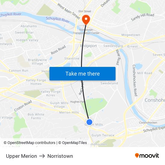 Upper Merion to Norristown map