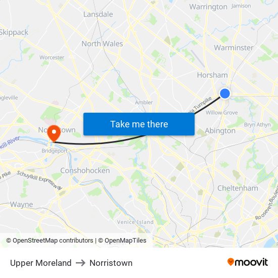 Upper Moreland to Norristown map