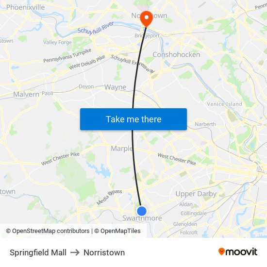 Springfield Mall to Norristown map