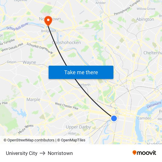 University City to Norristown map