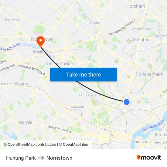 Hunting Park to Norristown map