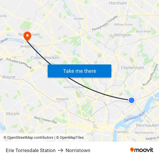 Erie Torresdale Station to Norristown map