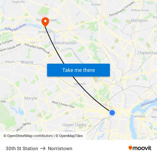 30th St Station to Norristown map