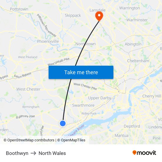 Boothwyn to North Wales map