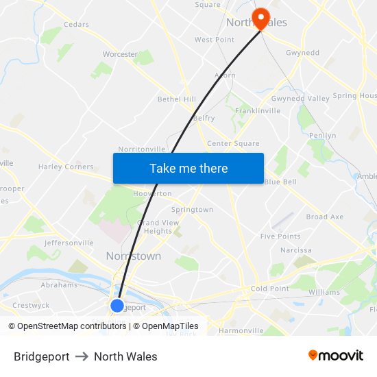 Bridgeport to North Wales map