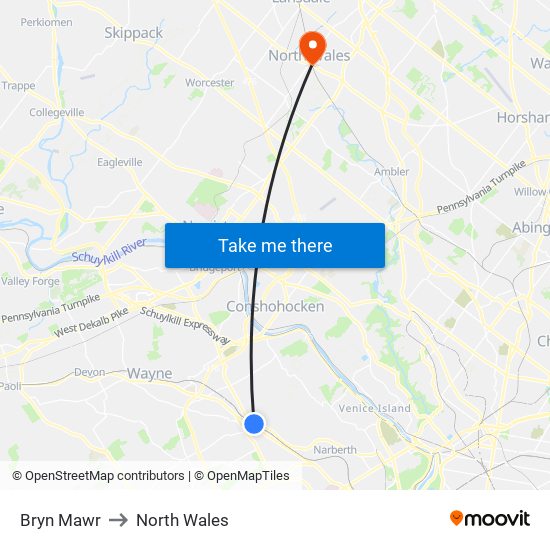 Bryn Mawr to North Wales map