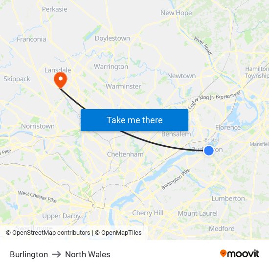 Burlington to North Wales map